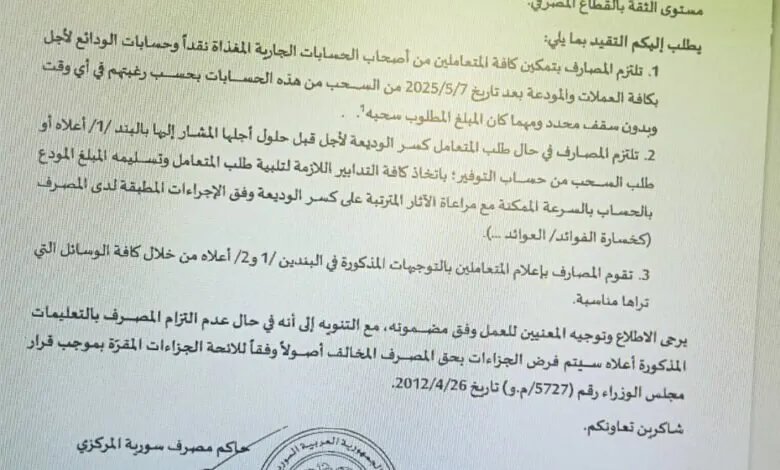 المركزي السوري يرفع القيود على السحب من الحسابات والودائع.. بشروط!