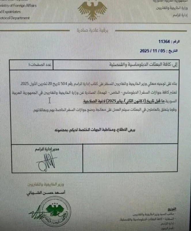 الخارجية السورية تلغي جميع الجوازات الدبلوماسية الصادرة قبل 2025